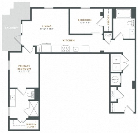 Floor plan for 2 beds, 2 baths, 941 sqft
